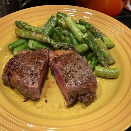New York Strip Steak with Pan-Fried Garlic Asparagus
