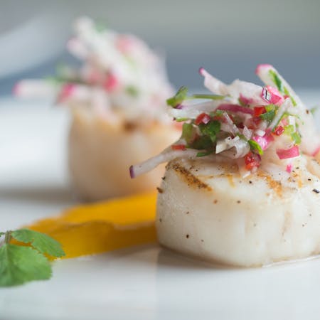 Sea Scallops with Radish Salsa over Mango Coulis
